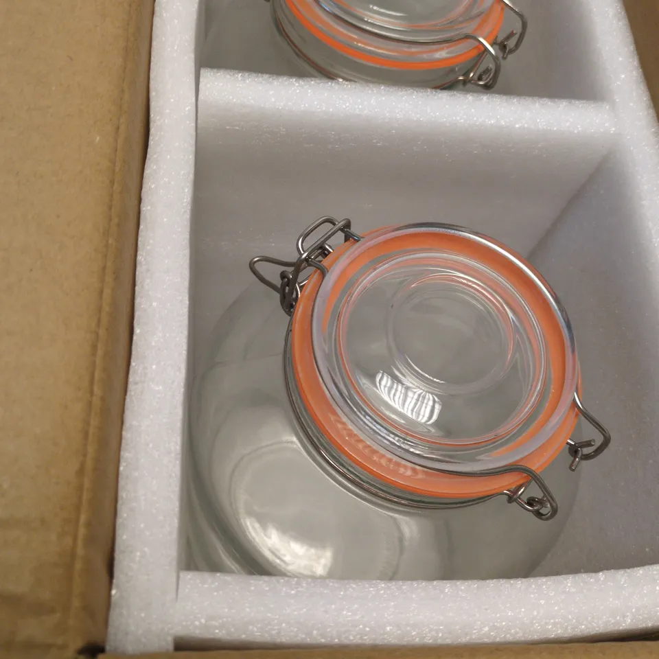 GLASS PRESERVE JARS WITH ORANGE SEALS AND METAL CLIP LIDS (SET OF 2)