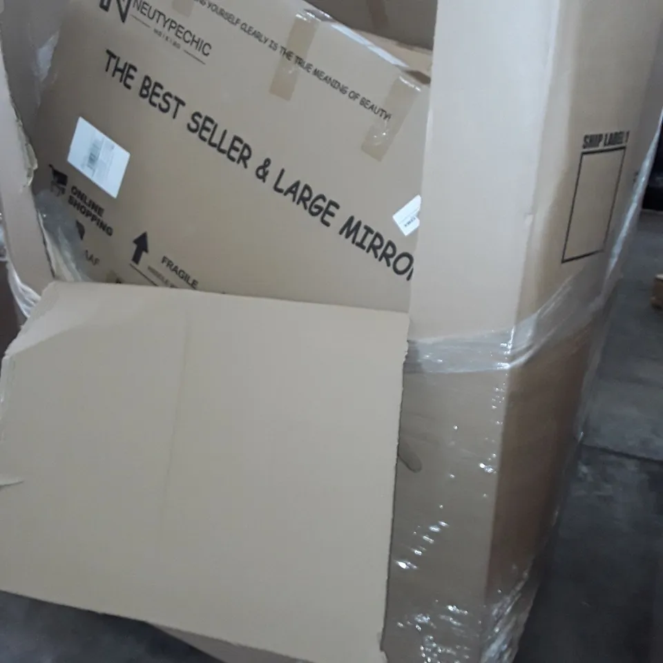UNPROCESSED PALLET OF ASSORTED ITEMS TO INCLUDE MULTIPLE FUL LENGTH MIRRORS, BAMBOO BIKE RACKS AND YOGA MATS