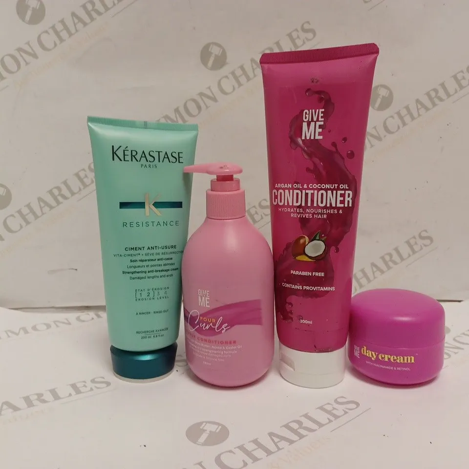 4 ASSORTED HEALTH AND BEAUTY PRODUCTS TO INCLUDE KÉRASTASE RESISTANCE STRENGTHENING ANTI-BREAKAGE CREAM, GIVE ME DAY CREAM, GIVE ME CURLY CONDITIONER, GIVE ME CONDITIONER
