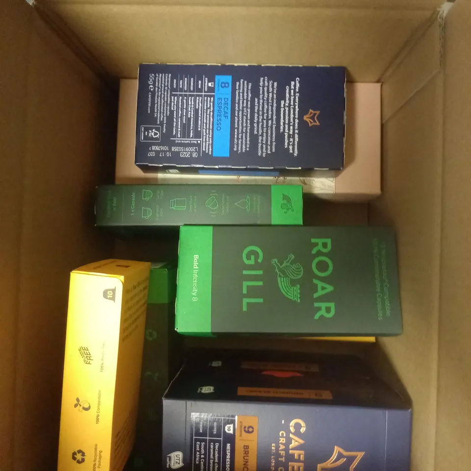 BOX OF APPROXIMATELY   ASSORTED COFFEE POD PRODUCTS TO INCLUDE CAFEPOD, ROAR GILL, LONDON NOOTROPICS ETC