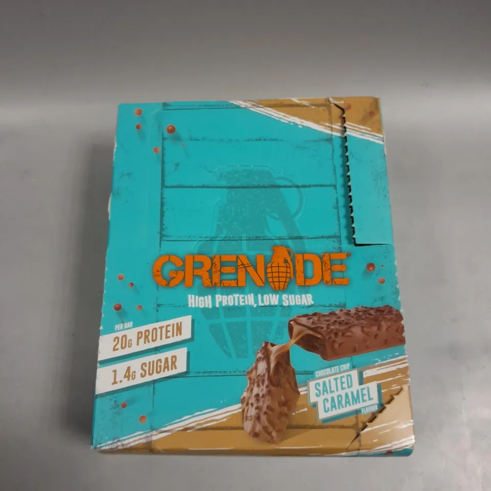 BOXED SEALED GRENADE HIGH PROTEIN BARS - 12 X 60G SALTED CARAMEL 