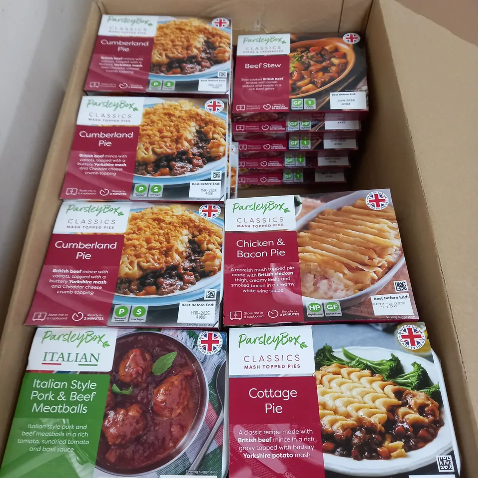 BOXED LOT OF APPROXIMATELY 45 PARSLEY BOX MEALS ASSORTED MEALS