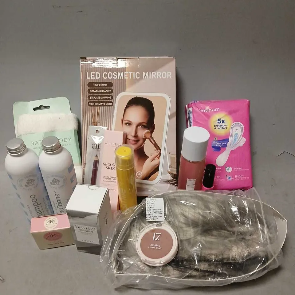 APPROXIMATELY 10 ASSORTED COSMETIC PRODUCTS INCLUDE - KEM SKIN HYDRATING TONER - SCULPTED SECOND SKIN FOUNDATION IN RICH PLUS 6.5 - MAGAGASCAR CENTELLA TONE BRIGHTENING CAPSULE - ETC