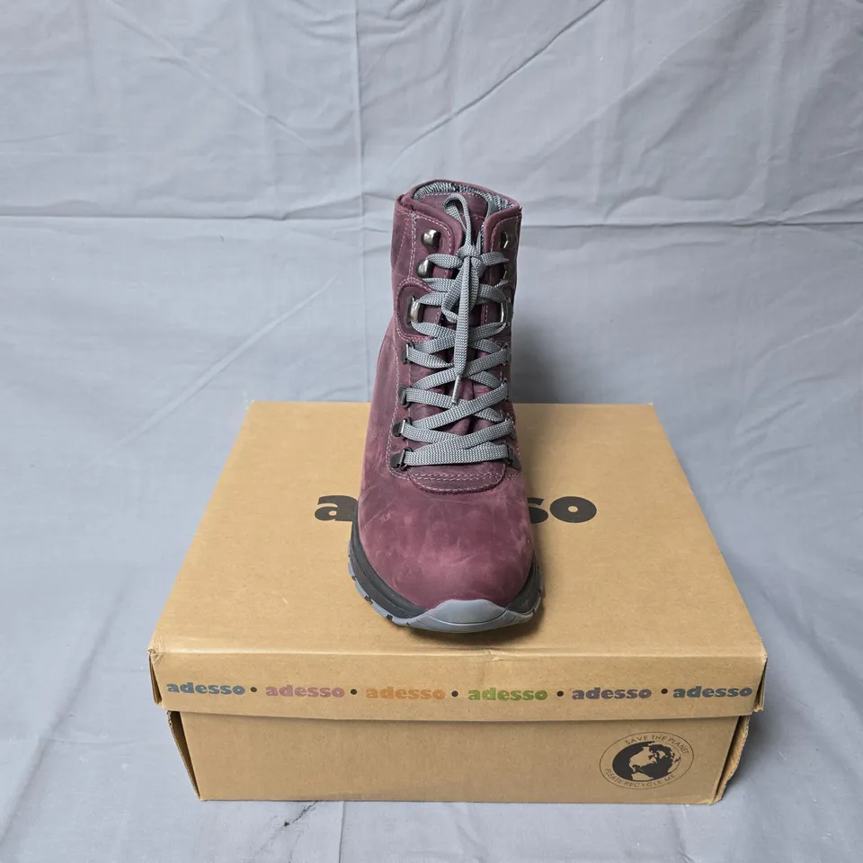 ADESSO BURGUNDY SUEDE BOOTS WITH GREY LACES – HIKING STYLE - SIZE 39 (BOXED)