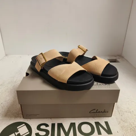 CLARKS ARISTELLA MULE SANDALS – ECRU SUEDE, UK 6 (EU 39 1/2) – BOXED