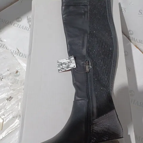 MODA IN PELLE ZARRA ELASTICATED OVER-THE-KNEE GLITZ ZIP BOOTS UK SIZE 3 - BOXED - BLACK LEATHER