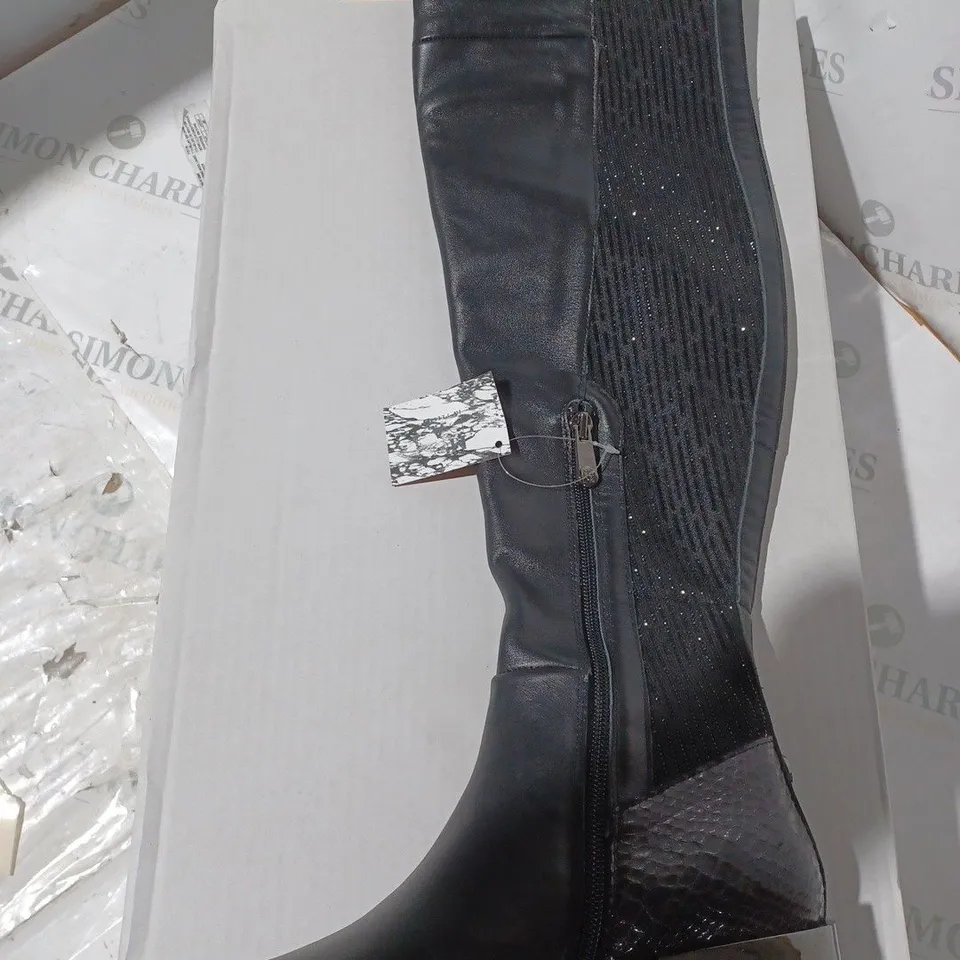 MODA IN PELLE ZARRA ELASTICATED OVER-THE-KNEE GLITZ ZIP BOOTS UK SIZE 3 - BOXED - BLACK LEATHER 