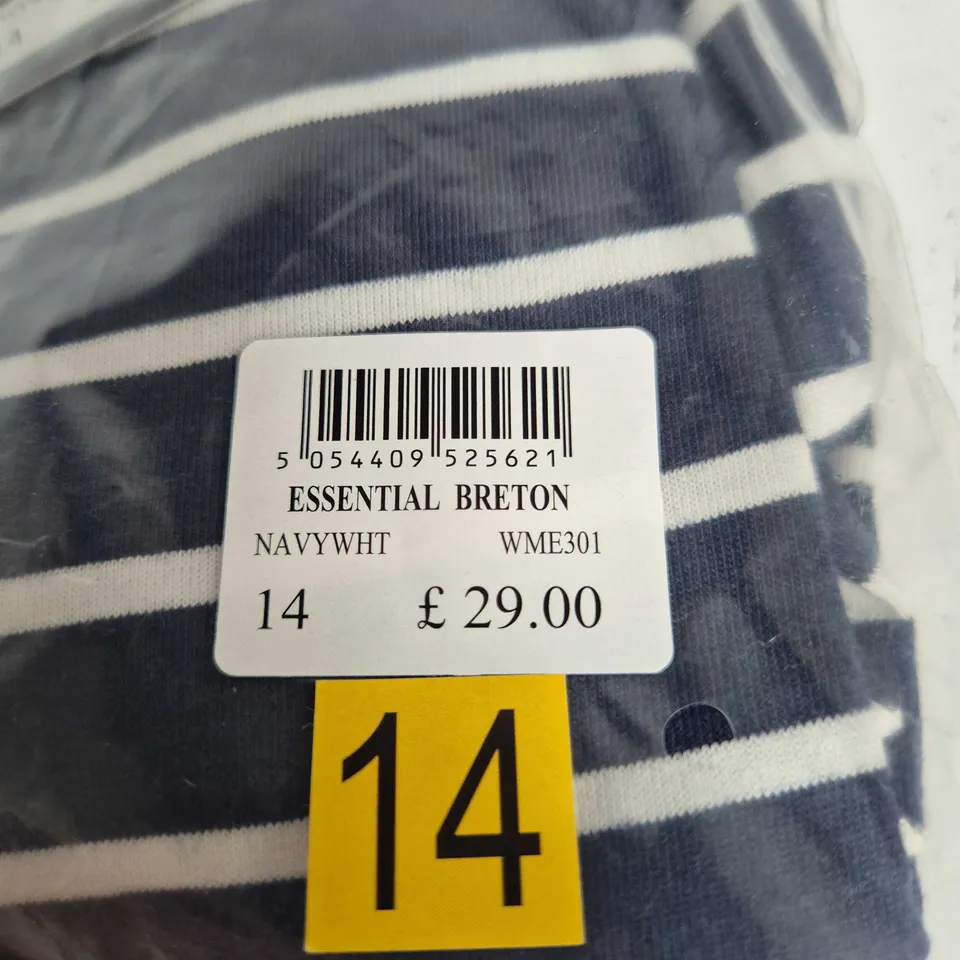 CREW CLOTHING COMPANY ESSENTIAL BRETON STRIPE TOP – NAVY & WHITE, UK 14