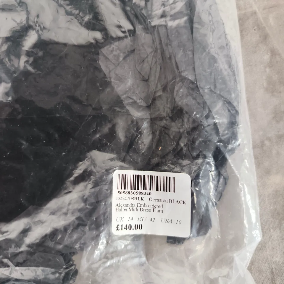 NOBODY'S CHILD - ALEXANDRA EMBROIDERED HALTER MIDI DRESS – BLACK, UK 14