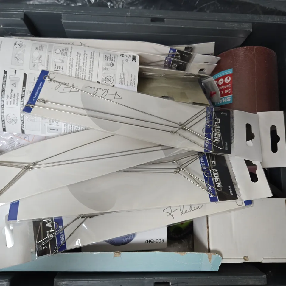 APPROXIMATELY 15 ASSORTED HOUSEHOLD ITEMS TO INCLUDE SANDPAPER ROLL, ANTI SNORING DEVICE, COMMAND X-LARGE HOOK, ETC