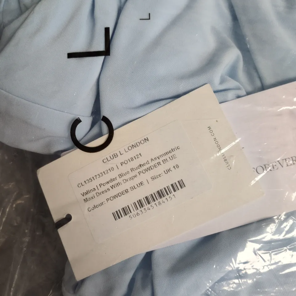 CLUB L LONDON VALINA POWDER BLUE RUCHED ASYMMETRIC MAXI DRESS - UK 10