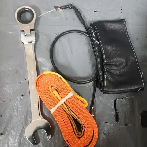 APPROXIMATELY 10 ASSORTED VEHICLE ACCESSORIES TO INCLUDE WRENCH, TETHERING STRAP ETC