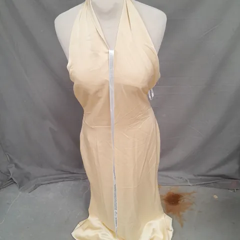CLUB LONDON UNBEATABLE BACKLESS HALTERNECK SATIN MAXI DRESS IN LEMON SIZE 10
