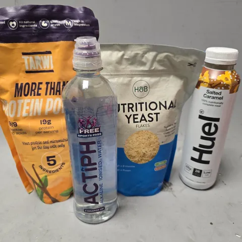 APPROXIMATELY 9 ASSORTED FOOD & DRINK ITEMS TO INCLUDE - HUEL SALTED CARAMEL , H&B NUTRITIONAL YEAST FLAKES ETC