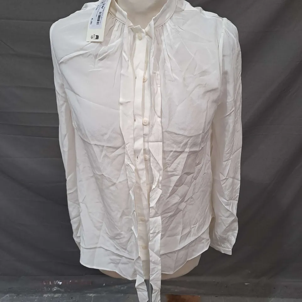 TED BAKER HAZELL STAND COLLAR SHIRT WITH TIE NECK DETAIL IN IVORY SIZE 0