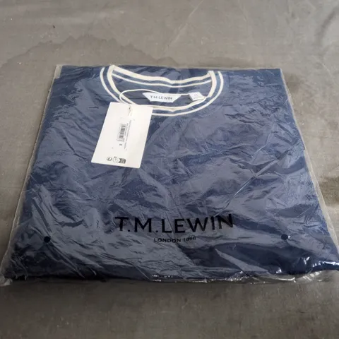 TM LEWIN ORGANIC COTTON RINGER CREWNECK T-SHIRT β INSIGNIA BLUE, MENβS SIZE M