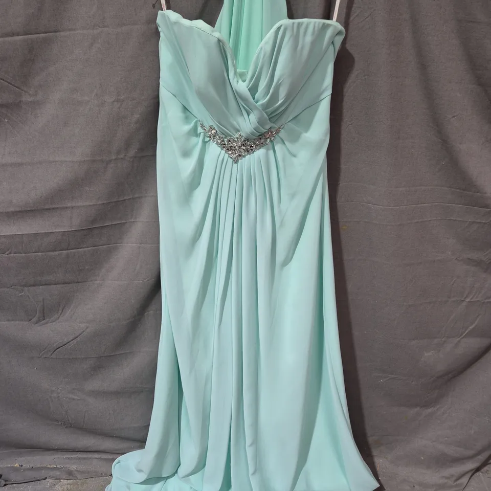 MINT GREEN EVENING DRESS WITH RHINESTONE WAIST – WOMEN'S FORMAL GOWN, SIZE 12 