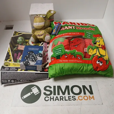 APPROXIMATELY 15 ASSORTED TOYS, GAMES, GIFTS AND NOVELTIES TO INCLUDE HARIBO GIANT STRAWB PLUSHES, MONSTER HIGH TOYS, MY FIRST WOODEN SHAPE SORTER, ETC - COLLECTION ONLY