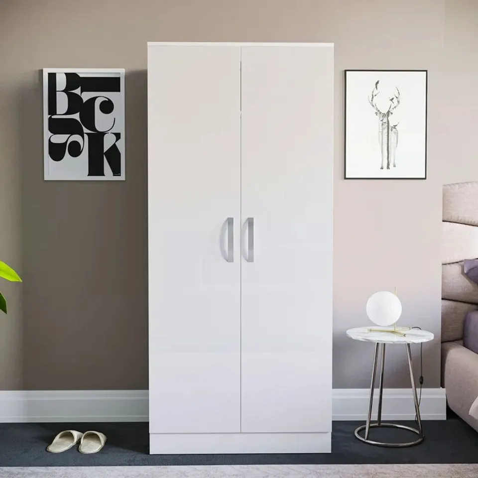 BOXED ARCADIJ 2 DOOR HIGH GLOSS MANUFACTURED WOOD WARDROBE WITH INTERNAL SHELF AND HANGING RAIL - WHITE (2 BOXES)