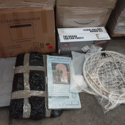 PALLET OF ASSORTED PRODUCTS TO INCLUDE COLIFE LUGGAGE, LED BATHROOM MIRROR, REIGA CEILING FAN, X-COSRACK ROUND ROPE SWING, MODENA MIRROR,
