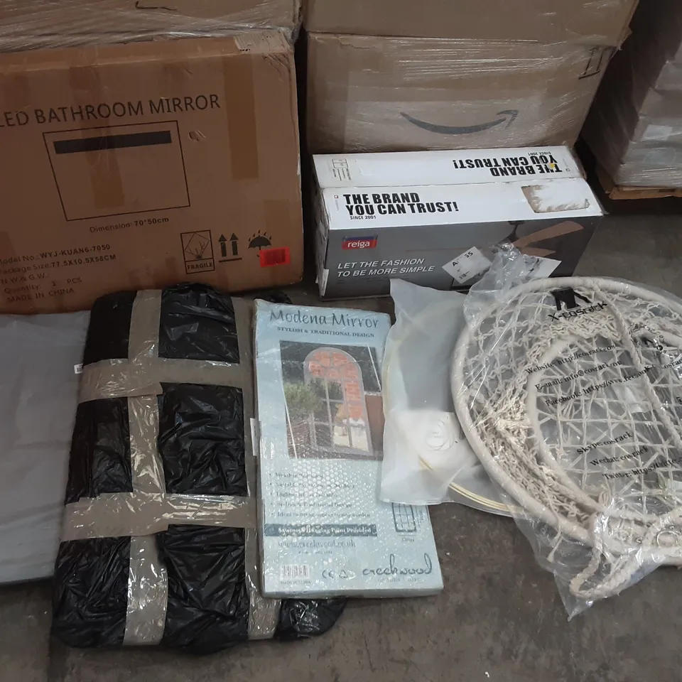 PALLET OF ASSORTED PRODUCTS TO INCLUDE COLIFE LUGGAGE, LED BATHROOM MIRROR, REIGA CEILING FAN, X-COSRACK ROUND ROPE SWING, MODENA MIRROR,  