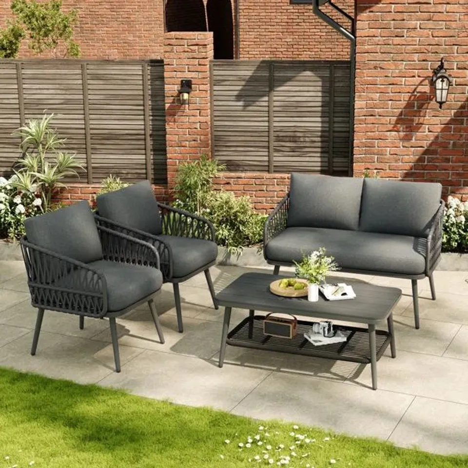 BOXED OUTDOOR CONVERSATION SET 4 PLACES WITH 1 SOFA, 2 CHAIRS AND 1 COFFEE TABLE (2 BOXES)