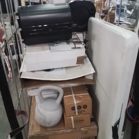 CAGE OF ASSORTED HOUSEHOLD GOODS AND PRODUCTS TO INCLUDE;FOLDING TABLE,BEER MACHINE,DUMBBELL,FAN,WEIGHTS