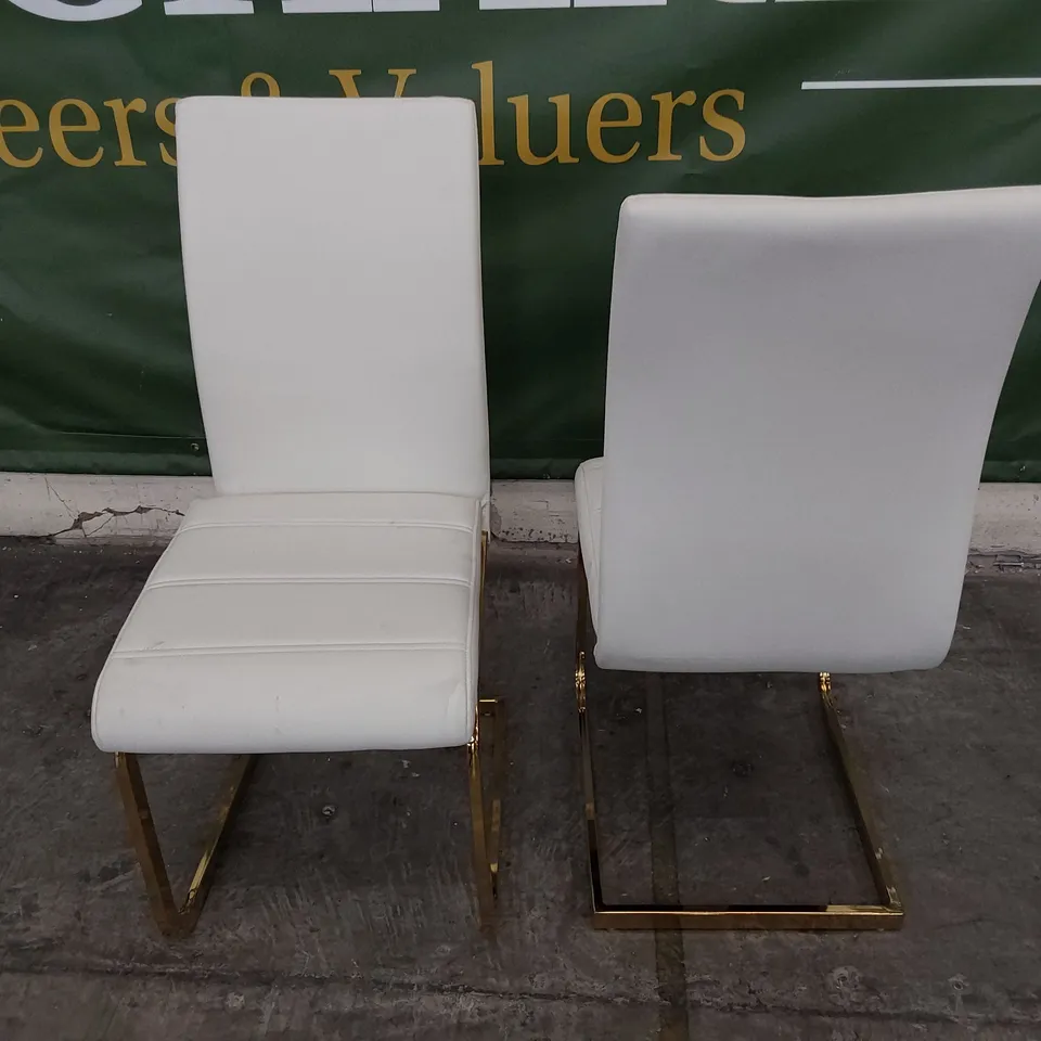 PAIR UPHOLSTERED DINING CHAIRS WHITE PU ON GILT METAL FRAMES