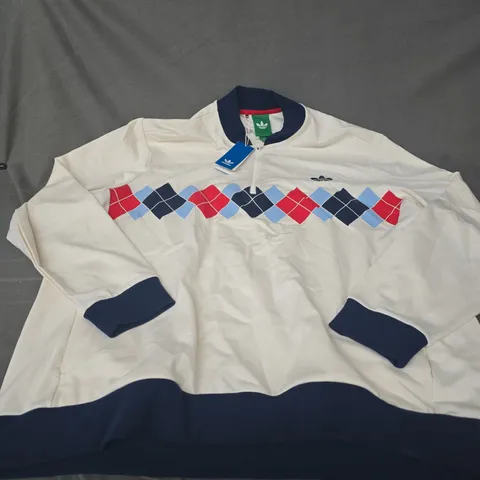 ADIDAS WHITE TRACK JACKET WITH NAVY TRIM AND DIAMOND ARGYLE STRIPE – 2XL