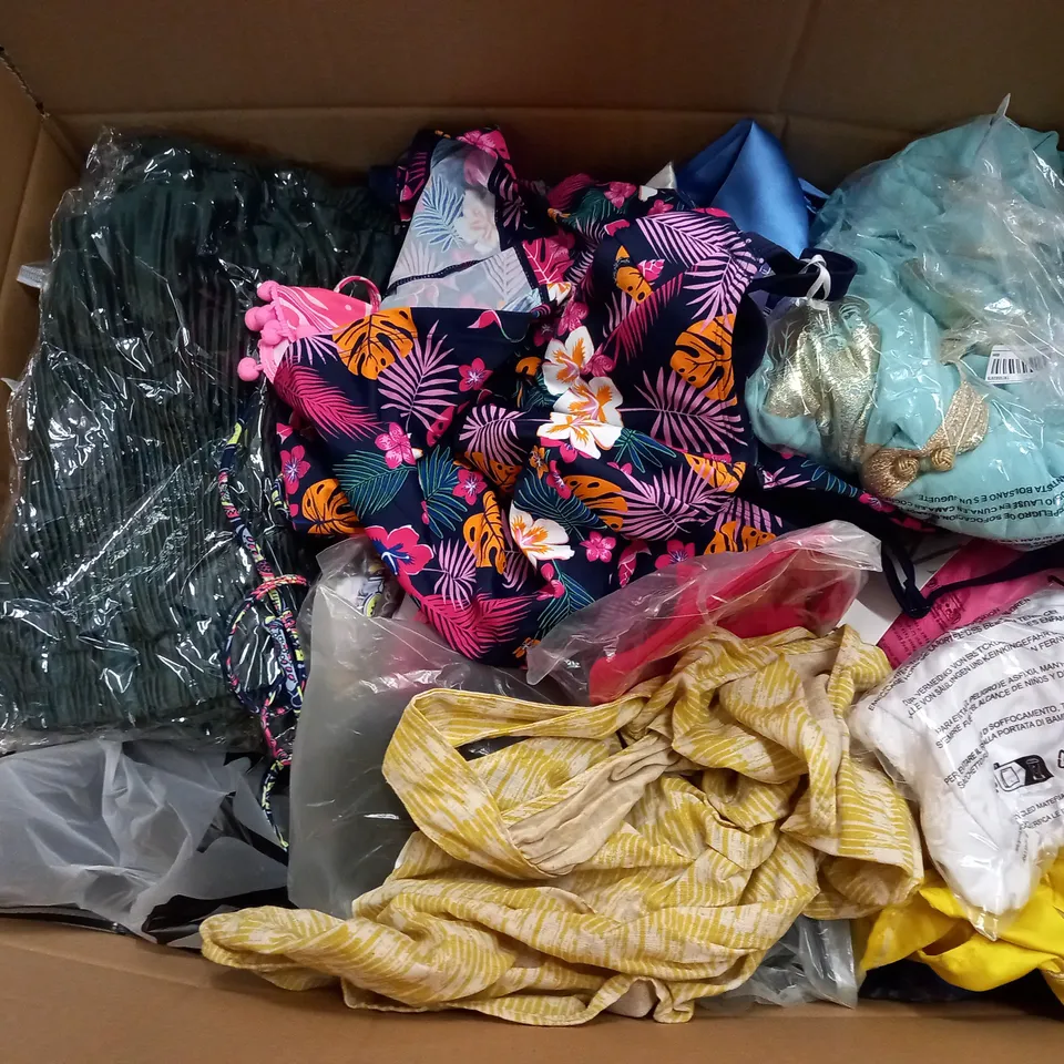  BOX OF ASSORTED CLOTHING ITEMS TOO INCLUDE DRESSES , SHIRTS AND TROUSERS IN VARIOUS SIZES AND COLOURS   