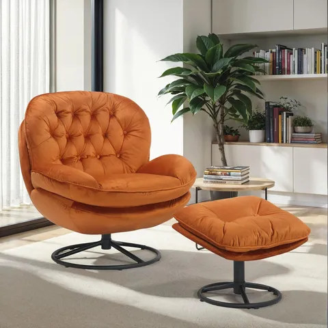 BOXED VELVET SWIVEL ACCENT CHAIR WITH FOOTSTOOL - ORANGE