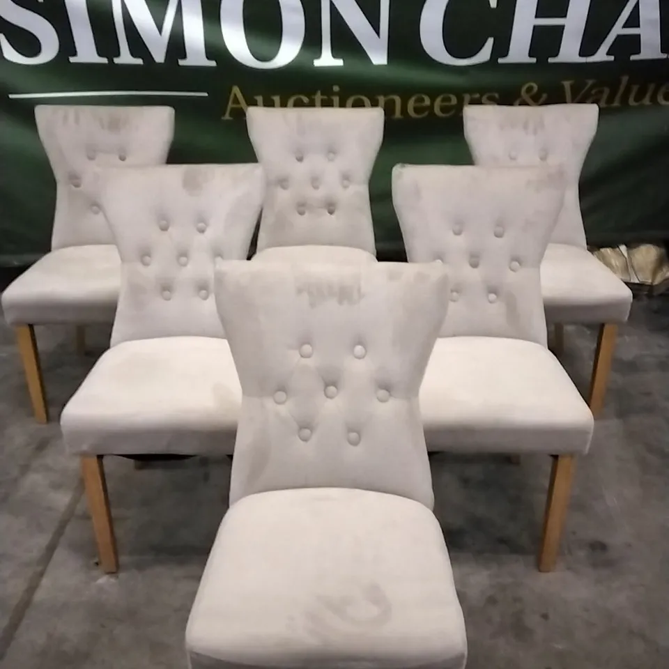 SET OF 6 PLUSH MINK FABRIC BUTTONBACK DINING CHAIRS WITH WOODEN LEGS