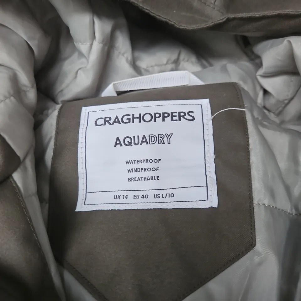 CRAGHOPPERS AQUADRY WATERPROOF JACKET – WOMEN'S UK 14, OLIVE