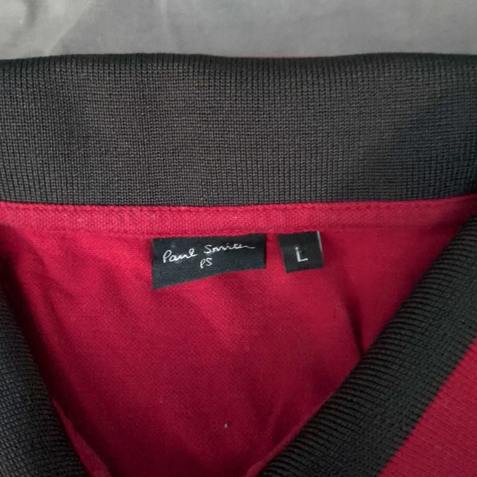 PAUL SMITH POLO SHIRT – RED WITH BLACK COLLAR, UK SIZE L