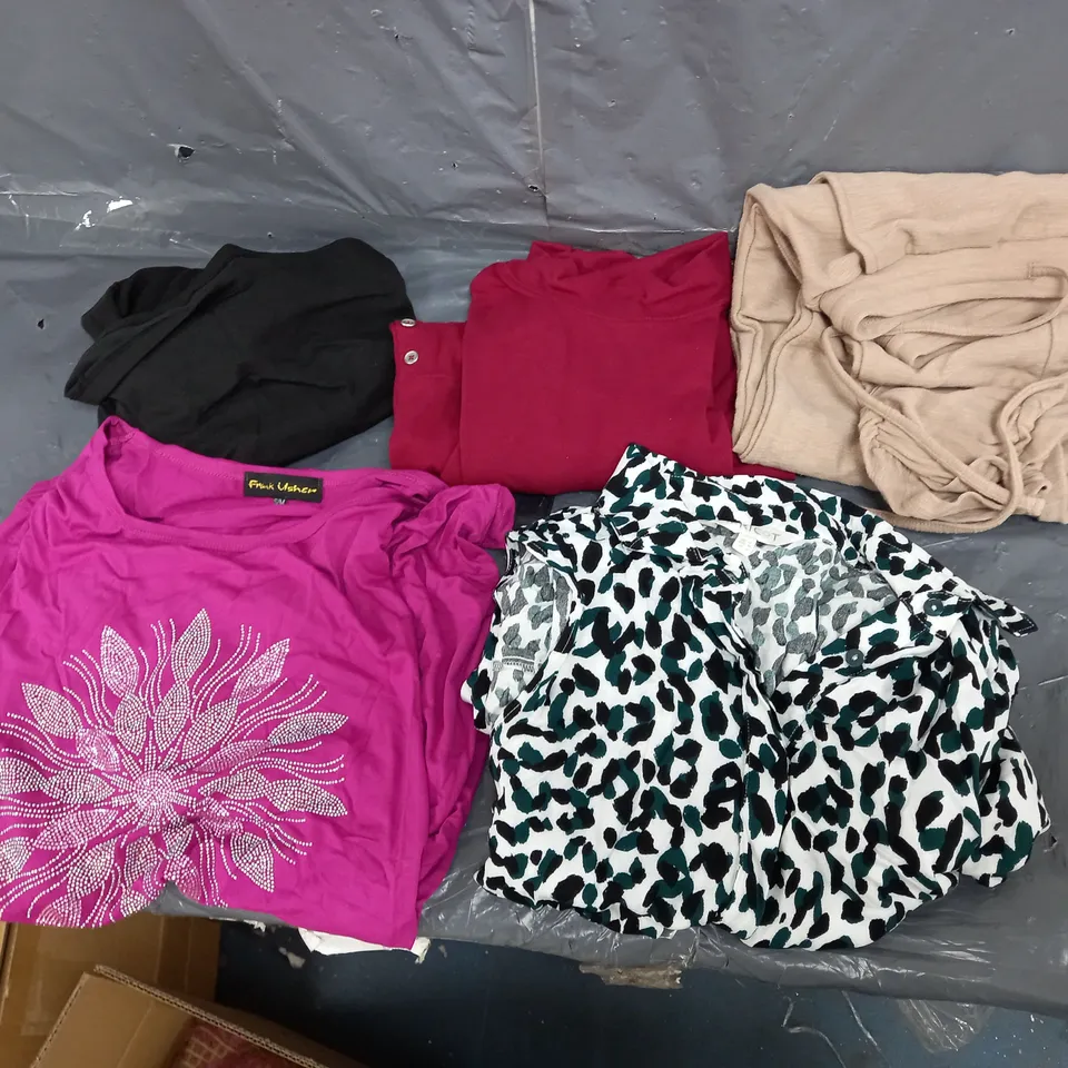 BOX OF APPROXIMATELY 10 ASSORTED PIECES OF CLOTHING IN VARIOUS STYLES, SIZES, AND BRANDS 