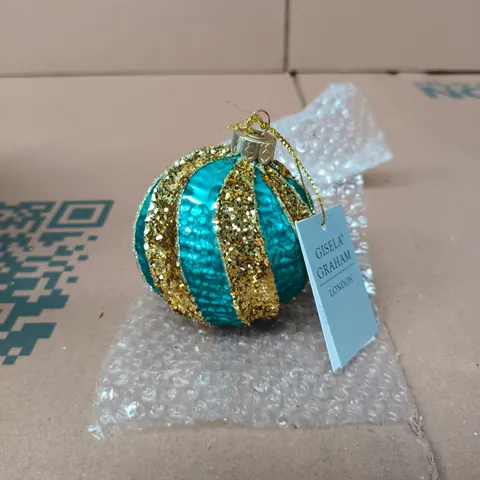 APPROXIMATELY 48 GISELA GRAHAM TURQUOISE AND GOLD RIBBED GLASS BAUBLE DECORATIONS
