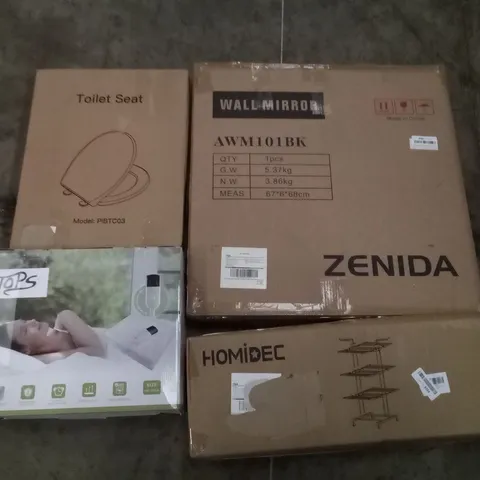 PALLET OF ASSORTED ITEMS INCLUDING WALL MIRROR, HOMIDEC DRYING RACK, TOILET SEAT, ELECTRIC UNDERBLANKET, 12PC NONSTICK COOKWARE SET, DOUBLE BURNER STOVE