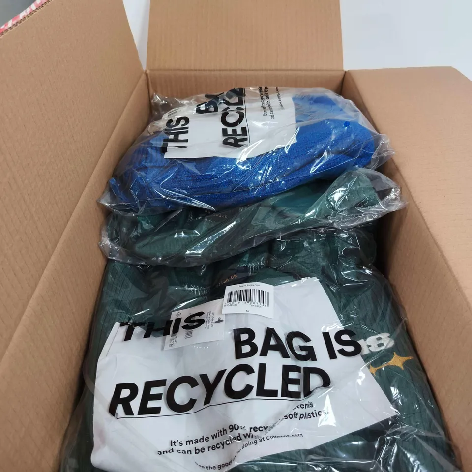 BOX OF APPROXIMATELY 12 ASSORTED CLOTHING ITEMS TO INCLUDE BOX FIT RUGBY POLO, COTTON POINTELLE G STRING ETC