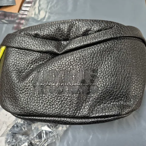 ANXIOUS PREOCCUPIED BLACK PEBBLE-TEXTURE ZIPPERED POUCH WITH EMBOSSED LETTERING