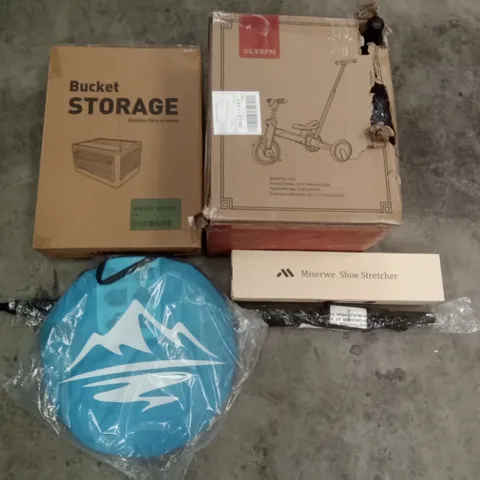 PALLET OF ASSORTED ITEMS INCLUDING BUCKET STORAGE, OLYSPM 5IN1 BALANCE BIKE, MISERWE SHOE STRETCHER, UMBRELLA, POP UP TENT, FOOT SPA MASSAGER
