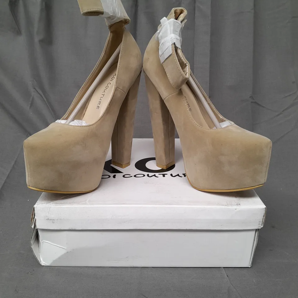 BOXED PAIR OF KOI COUTURE PLATFORM HIGH HEEL SHOES IN BEIGE SIZE 4