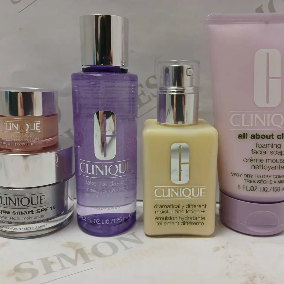 LOT OF 5 ASSORTED CLINIQUE PRODUCTS TO INCLUDE ALL ABOUT EYES CREAM, MOISTURIZING LOTION, FOAMING FACIAL SOAP, ETC 