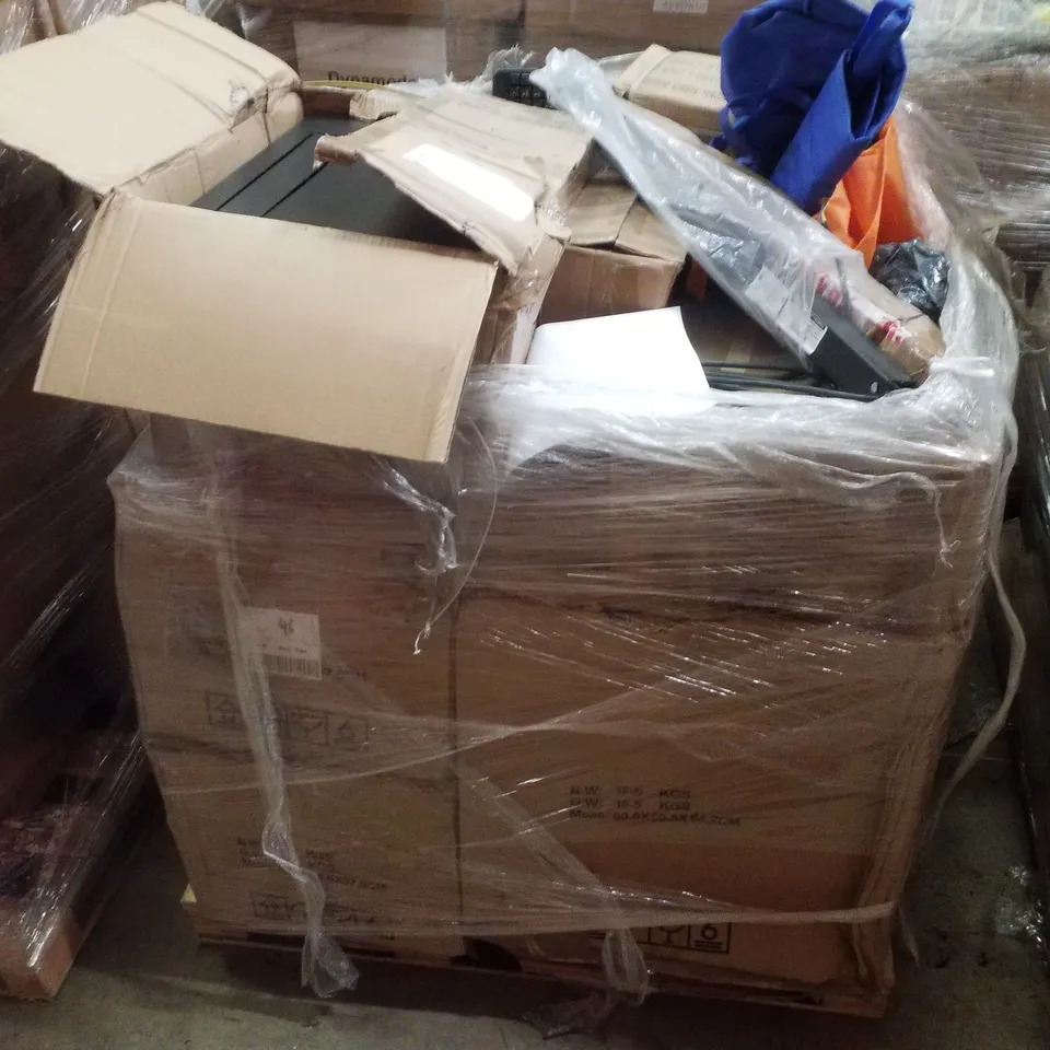 PALLET CONTAINING ASSORTED PRODUCTS INCLUDING EXTENSION CORD, REUSABLE SHOPPING CARTS, KEYBOARD & NETWORK CABINETS