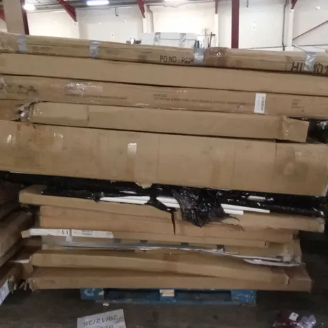 PALLET OF DESIGNER HOME FURNITURE PARTS AND PIECES; WARDROBE, DINING TABLE, AND BED PARTS ETC