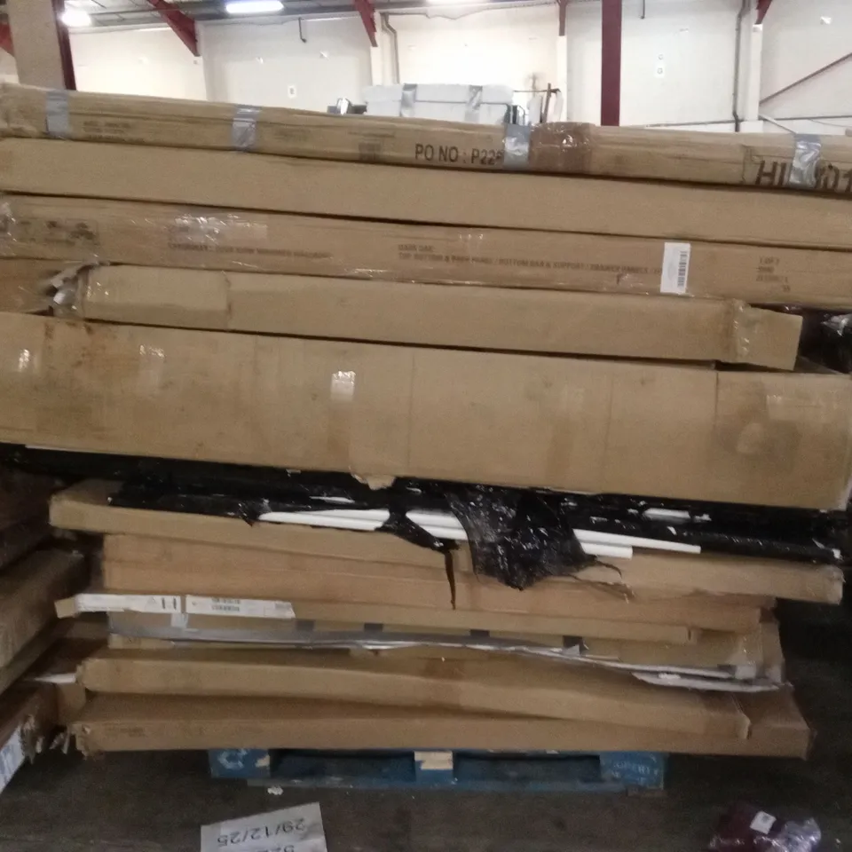 PALLET OF DESIGNER HOME FURNITURE PARTS AND PIECES; WARDROBE, DINING TABLE, AND BED PARTS ETC