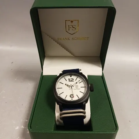 MENS FRANK SCHMIDT WATCH β LARGE BLACK CASE β WHITE PILOT DIAL β BLUE FABRIC STRAP β 3ATM WATER RESISTANT