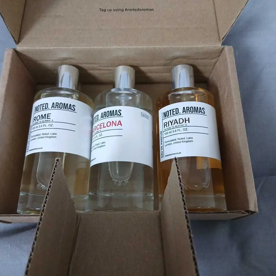 NOTED AROMAS FRAGRANCES – 3 X 100ML BOTTLES (ROME, BARCELONA, RIYDH)