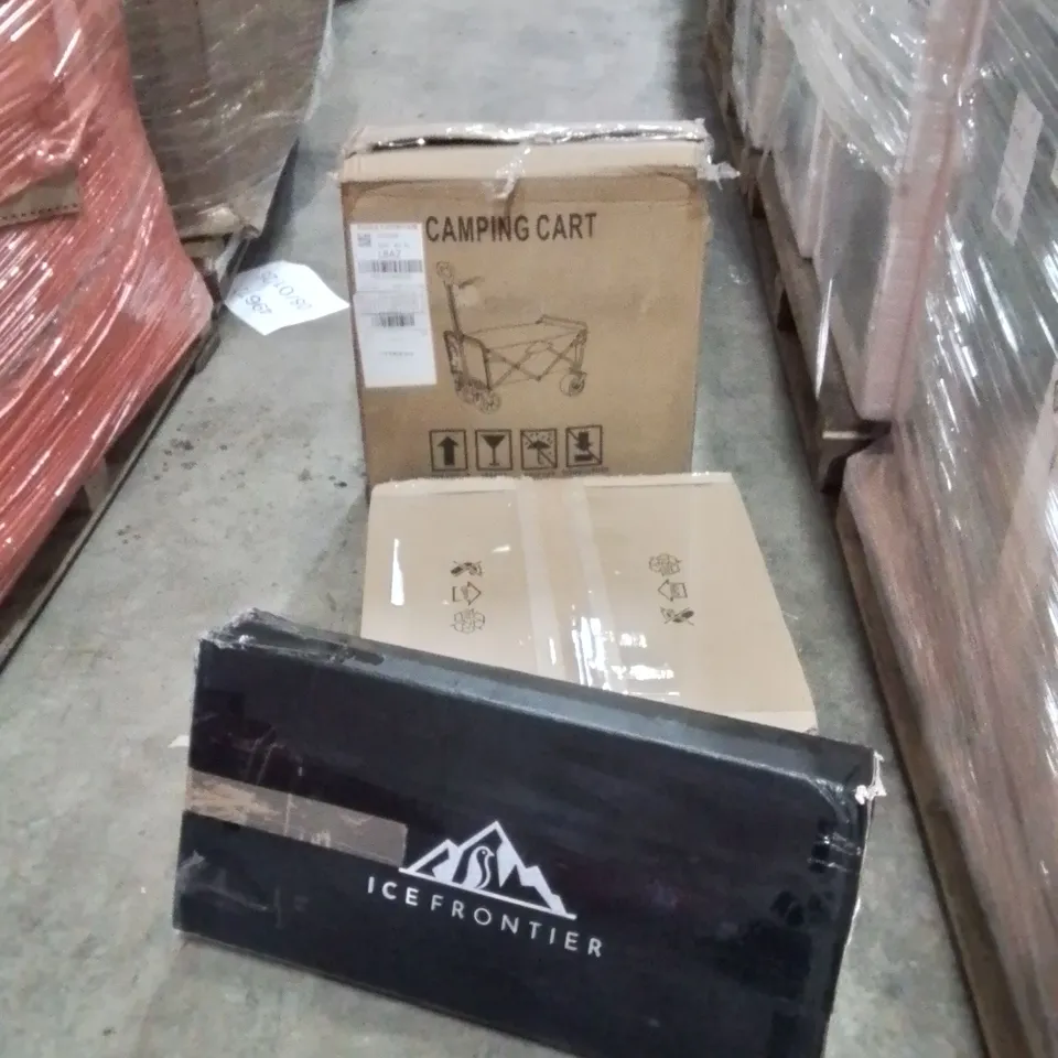 PALLET CONTAINING APPROXIMATELY 20 RAW HOUSEHOLD ITEMS TO INCLUDE: ICE FRONTIER, CEILING FAN, CAMPING CART ETC