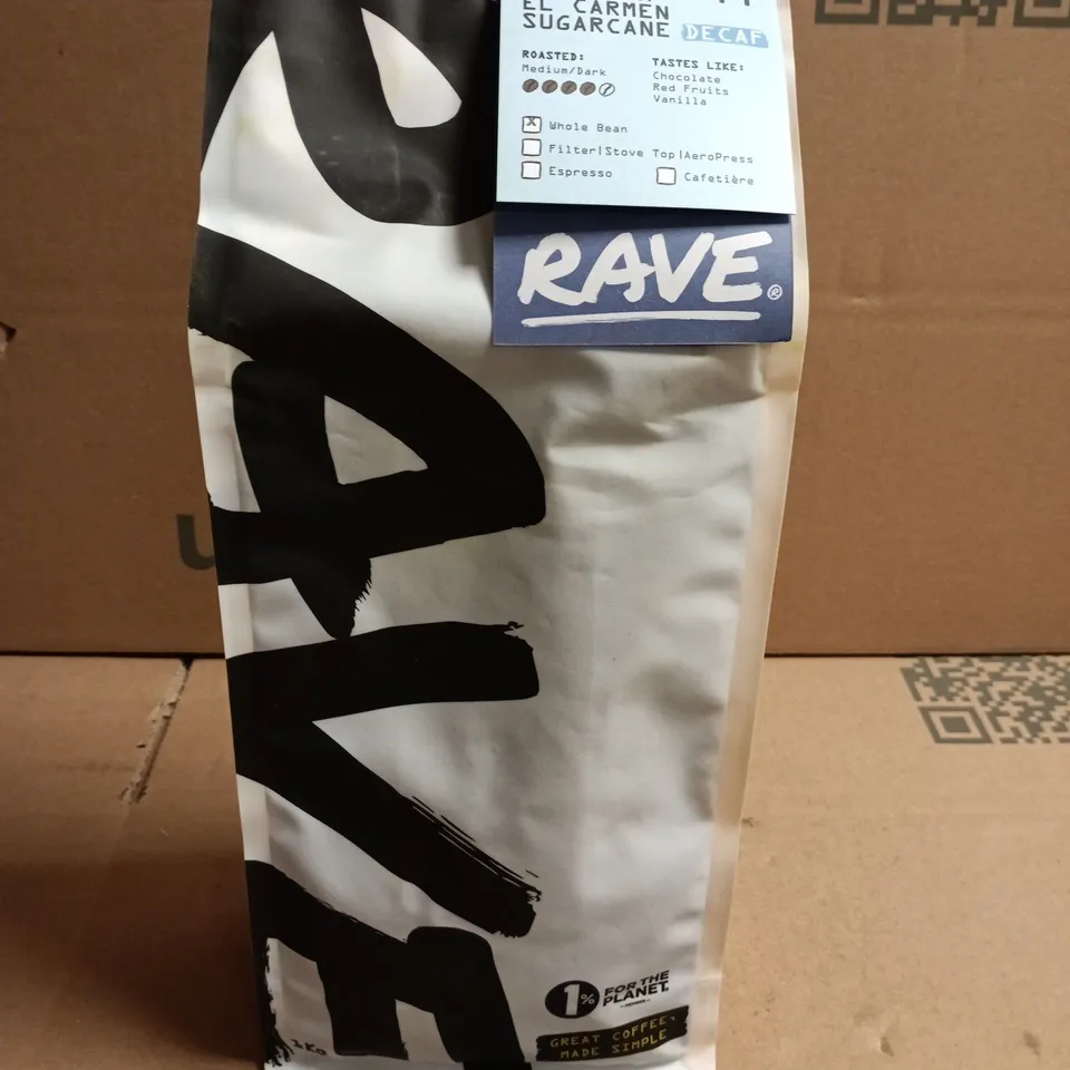 RAVE COLOMBIA EL CARMEN SUGARCANE DECAF WHOLE BEAN COFFEE – 1KG BAG