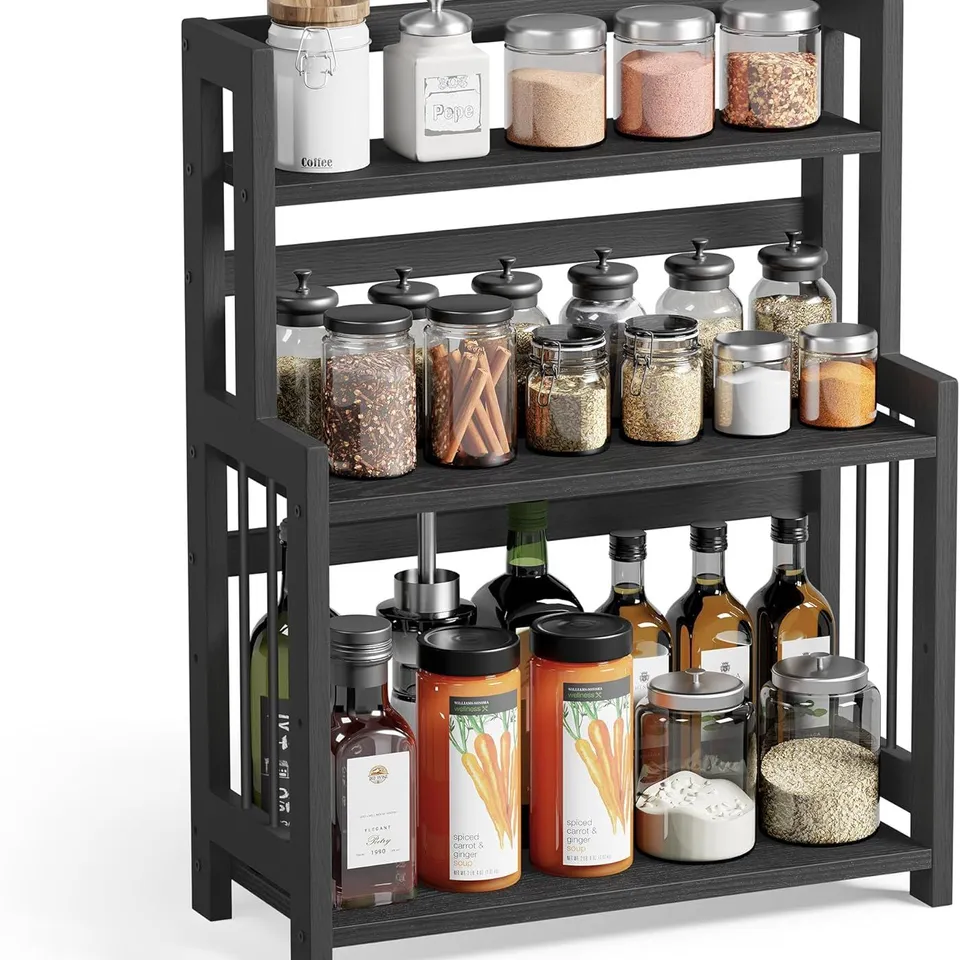 BOXED SONGMICS SPICE RACK, 3-TIER COUNTERTOP STORAGE SHELF, DESKTOP ORGANISER WITH BAMBOO FRAME